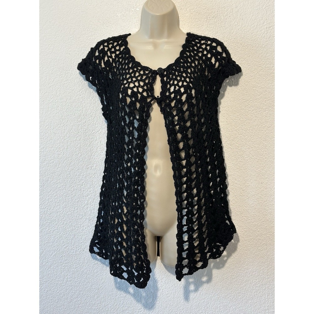 Crochet Handmade Open Knit Black Top Layer Open Front 2 Button Boho Whimsigoth
